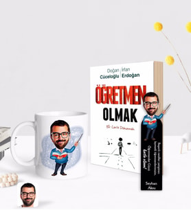 BK Gift Kişiye Özel Erkek Öğretmen Karikatürlü Beyaz Kupa Ahşap Kitap Ayracı ve Öğretmen Olmak Kitabı Hediye Seti-2