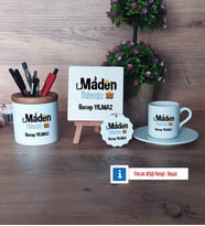 Maden Mühendisi Hediye Seti Dekoratif Taş, Kalemlik, Ahşap Altlıklı Türk Kahvesi Fincanı, Ahşap Anahtarlık Hediye (Model 2)