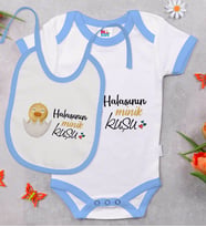 BK Kids Halasının Minik Kuşu Tasarımlı Mavi Bebek Body Zıbın ve Mama Önlüğü Hediye Seti-1