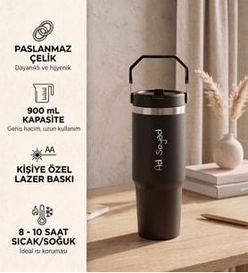 Kişiye Özel Hediyelik Pipetli Büyük Çelik Termos 900 mL. Siyah