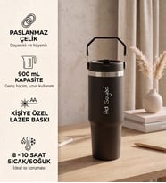 Kişiye Özel Hediyelik Pipetli Büyük Çelik Termos 900 mL. Siyah