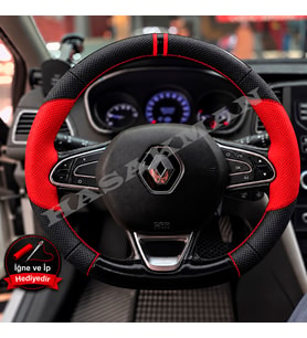 Renault Captur 2 Dikme Direksiyon Kılıfı Parlak Siyah Kırmızı Detaylı Kırmızı Çift Yüzük ve Dikiş 2019-2024
