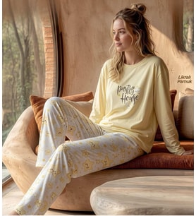 Pijamoni Kadın Likralı Pamuklu Bisiklet Yaka Uzun Kol İnce Pijama Takımı 1300/1 - 1 Adet