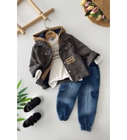 Miniğimin Cicileri Babyland Kapüşonlu Sweatshirtlü Ekose Ceketli Kot Pantolonlu Erkek Çocuk 3’lü Kombin Takım - Taba