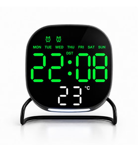 Valkyrie Dijital Yeşil LED Siyah Masa Saati Alarm Beyaz Derece 3 Kademe Işık, USB Destekli Modern Gece Lambalı Saat