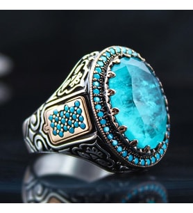 Turkuaz Paraiba Taşlı Mikro Taş İşlemeli Özel Seri Erkek Gümüş Yüzük