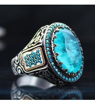 Turkuaz Paraiba Taşlı Mikro Taş İşlemeli Özel Seri Erkek Gümüş Yüzük