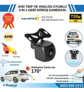 Balıkgözü AHD 720P ve Analog Çevirilebilir 170 Derece Geniş Açılı Geri Görüş Kamerası
