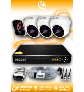 ELITCAM 4 Kameralı Kare 3 İç Kamera Set HDD'siz Full HD Gece Görüşlü Güvenlik Kamerası Sistemi