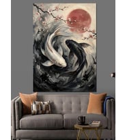 Yin Yang Koi Balıkları Japon Dekoratif Kanvas - Mdf Ahşap Tablo