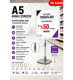 10 Adet - A5 Ayaklı Çerçeve Seti Plastik Ördek Ayak Teleskopik Borulu Fiyat Etiketliği Yönlendirme Levhası Menü Panosu Şeffaf