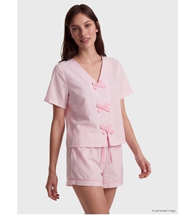 LCW DREAM Pembe V Yaka Çizgili Kadın Şortlu Pijama Takımı