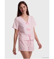 LCW DREAM Pembe V Yaka Çizgili Kadın Şortlu Pijama Takımı