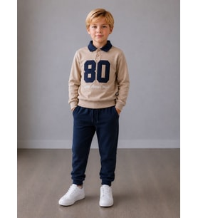 Polo Yaka Nakışlı Erkek Çocuk Taba/Lacivert Sweatshirt & Eşofman Alt Üst Takım – Kolej Stili ve Şıklık Bir Arada