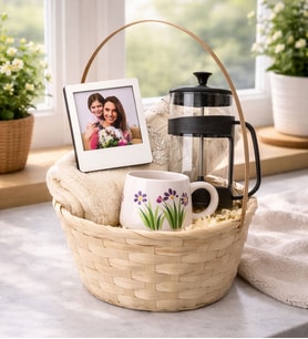 Kadınlara Özel Fotoğraflı Çerçeve Mutfak Havlusu French Press Ve El Yapımı Fincan Seti