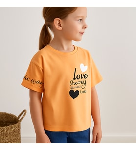 Kız Çocuk Kalp Baskılı Love The Way Yazılı Tişört - 5 YAŞ / KREM