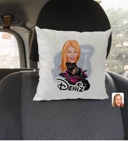 BK Gift Kişiye Özel İsimli Kadın Motorcu Karikatürlü Kare Araç Koltuk Yastığı-1