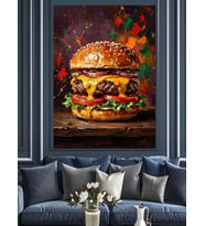 Renkli Sıçramalı Çift Cheeseburger Burger Dekoratif Kanvas - Mdf Ahşap Tablo