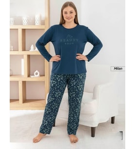Pijamoni Kadın Milan Büyük Beden Bisiklet Yaka Uzun Kol İnce Pijama Takımı 7666/40 - 1 Adet