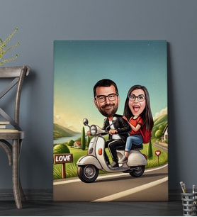 BK Gift Kişiye Özel Motorcu Çift Karikatürlü Kanvas Tablo-1, Sevgiliye Hediye, Sevgililer Günü Hediyesi