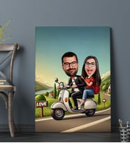 BK Gift Kişiye Özel Motorcu Çift Karikatürlü Kanvas Tablo-1, Sevgiliye Hediye, Sevgililer Günü Hediyesi