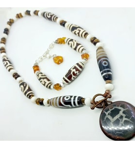 Septarian Tibet Akik Kaplangözü Mercan el yapımı kolye