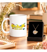 BK Gift Kişiye Özel Renkli Öğretmen Yazılı Okul Temalı Kupa ve İsimli Kolye Seti