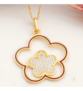 925 Ayar Gümüş Gold Çiçek Desenli Kadın Kolye