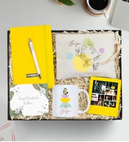 Kişiye Özel Baskılı Ham Bez El Çantası & Sarı Defter & Gümüş Renk Detaylı Beyaz Tükenmez Kalem & Tasarım Kupa & Sarı İnstagram Çerçeve Hediye Seti