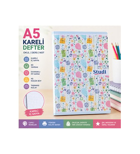 A5 Kareli Defter 60 Yaprak – Renkli Şeker Desenli PP Kapaklı Okul ve Ders Defteri