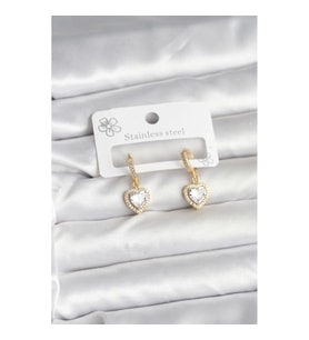 Mey İthalat® Pirinç Gold Renk Zirkon Taşlı Kalp Model Kadın Küpe