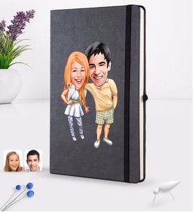 BK Gift Kişiye Özel Sevgililer Karikatürlü Siyah Termo Deri Defter 16x24cm Model 98