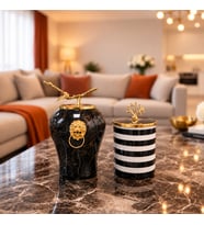 Dekoratif Obje Aslanlı Şah Küp Siyah Mermer Silindir Siyah Zebra Gold - Feray Home