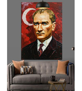 Kırmızı Fonlu Yağlıboya Mustafa Kemal Atatürk Dekoratif Kanvas - Mdf Ahşap Tablo