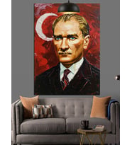 Kırmızı Fonlu Yağlıboya Mustafa Kemal Atatürk Dekoratif Kanvas - Mdf Ahşap Tablo