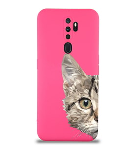 Oppo A9 2020 Uyumlu Lansman Kılıf Catface Tasarımlı İçi Kadife Kapak-Neon Pembe (Şeffaf)