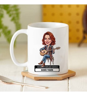 Bağlama Sanatçısı Müzisyen Kadın Karikatürlü Kupa Bardak
