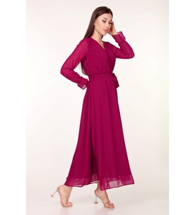 Neşeli Butik Kadın Kruvaze Yaka Bağlama Detaylı Yeni Sezon Uzun Şifon Elbise KTS003 (Mürdüm)