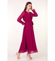 Neşeli Butik Kadın Kruvaze Yaka Bağlama Detaylı Yeni Sezon Uzun Şifon Elbise KTS003 (Mürdüm)