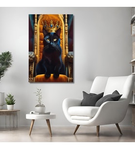 Tekli Dikey Kanvas Duvar Tablosu Kral Taçlı Siyah Kedi