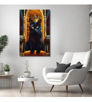 Tekli Dikey Kanvas Duvar Tablosu Kral Taçlı Siyah Kedi