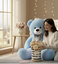 Premium 90 cm Peluş Ayı ve Silindir Kraft Kalpli Kutuda, Kalpli Balonlu 6’lı BOZ Ayıcık Buketi (Açık Mavi)