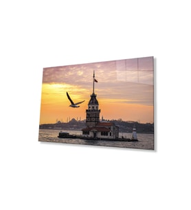 Gün Batımı Kız Kulesi Cam Tablo 4mm Dayanıklı Temperli Cam Sunset Maiden's Tower Glass Wall Art (Çok Renkli)