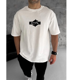 Erkek Kısa Kol Yazlık Tişört Bisiklet Yaka Baskılı Oversize T-Shirt - Beyaz
