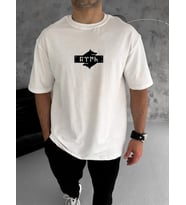 Erkek Kısa Kol Yazlık Tişört Bisiklet Yaka Baskılı Oversize T-Shirt - Beyaz