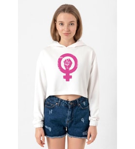 Vintage Purple Venus Symbol Hand Ekru Kadın Crop Kapşonlu