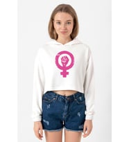 Vintage Purple Venus Symbol Hand Ekru Kadın Crop Kapşonlu