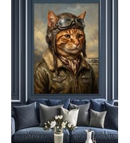 Pilot Gözlüklü Nostaljik Kedi Portresi Dekoratif Kanvas - Mdf Ahşap Tablo
