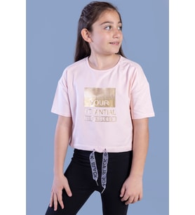 Toontoy Kız Çocuk Crop Model Kordon Detaylı Varak Baskılı Tişört (Pudra)