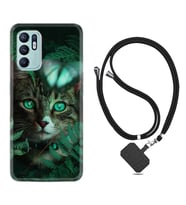 Oppo Reno 6 Kılıf Resimli Boyun Askılı İpli Desenli Silikon Blue Butterflys 1350